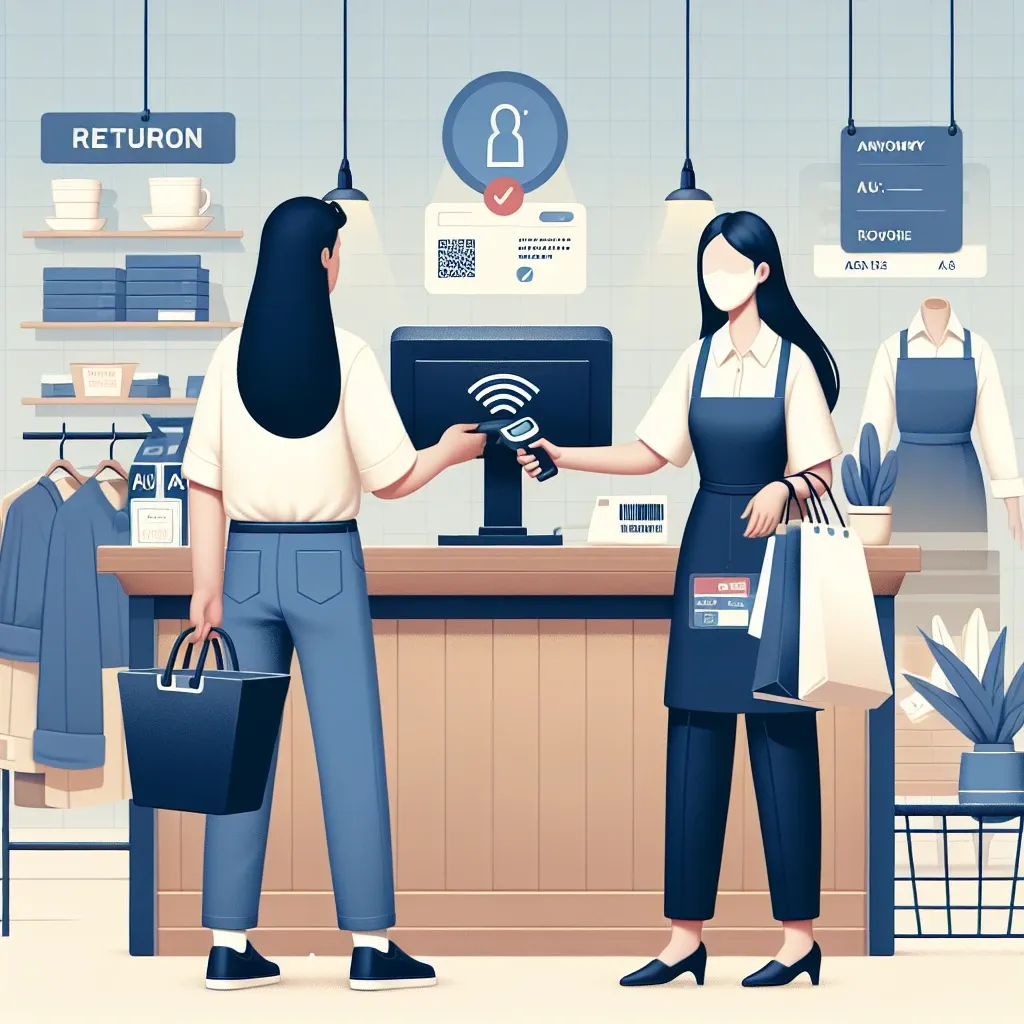 "Retail employee using RFID technology for returns scanning to combat serial fraud while ensuring a smooth customer experience in retail environment."