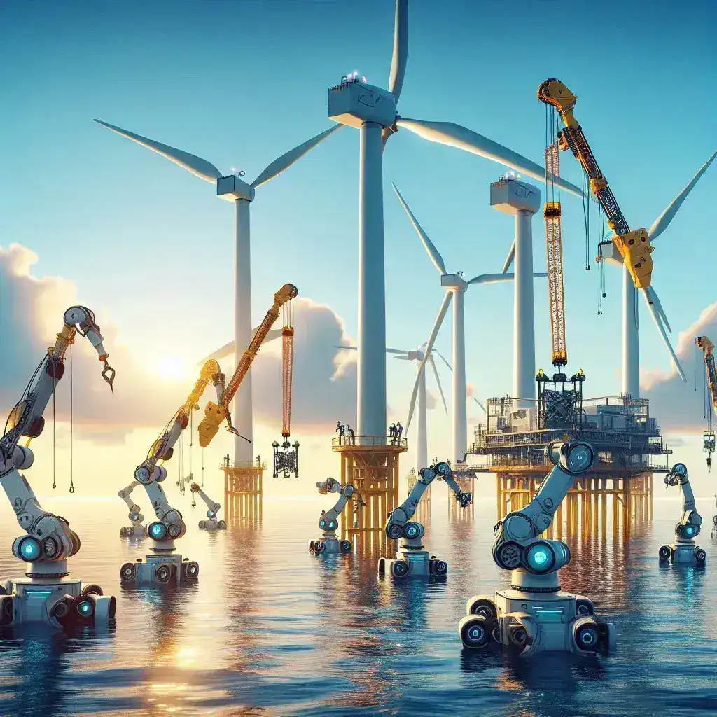 "AI-powered robots autonomously constructing offshore wind farms, showcasing innovative technology and renewable energy solutions in sustainable development."